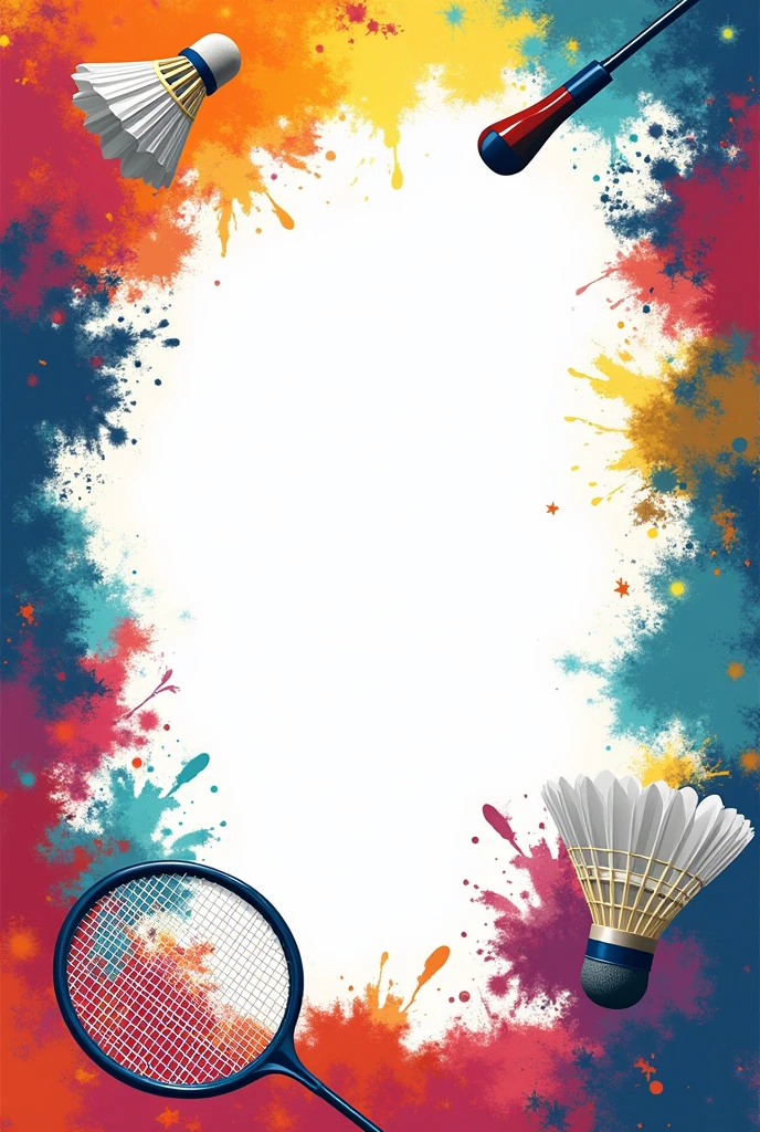 A4 sheet having blank space in center and its boder have "badminton racket, cock and player design" In multi bright coloure