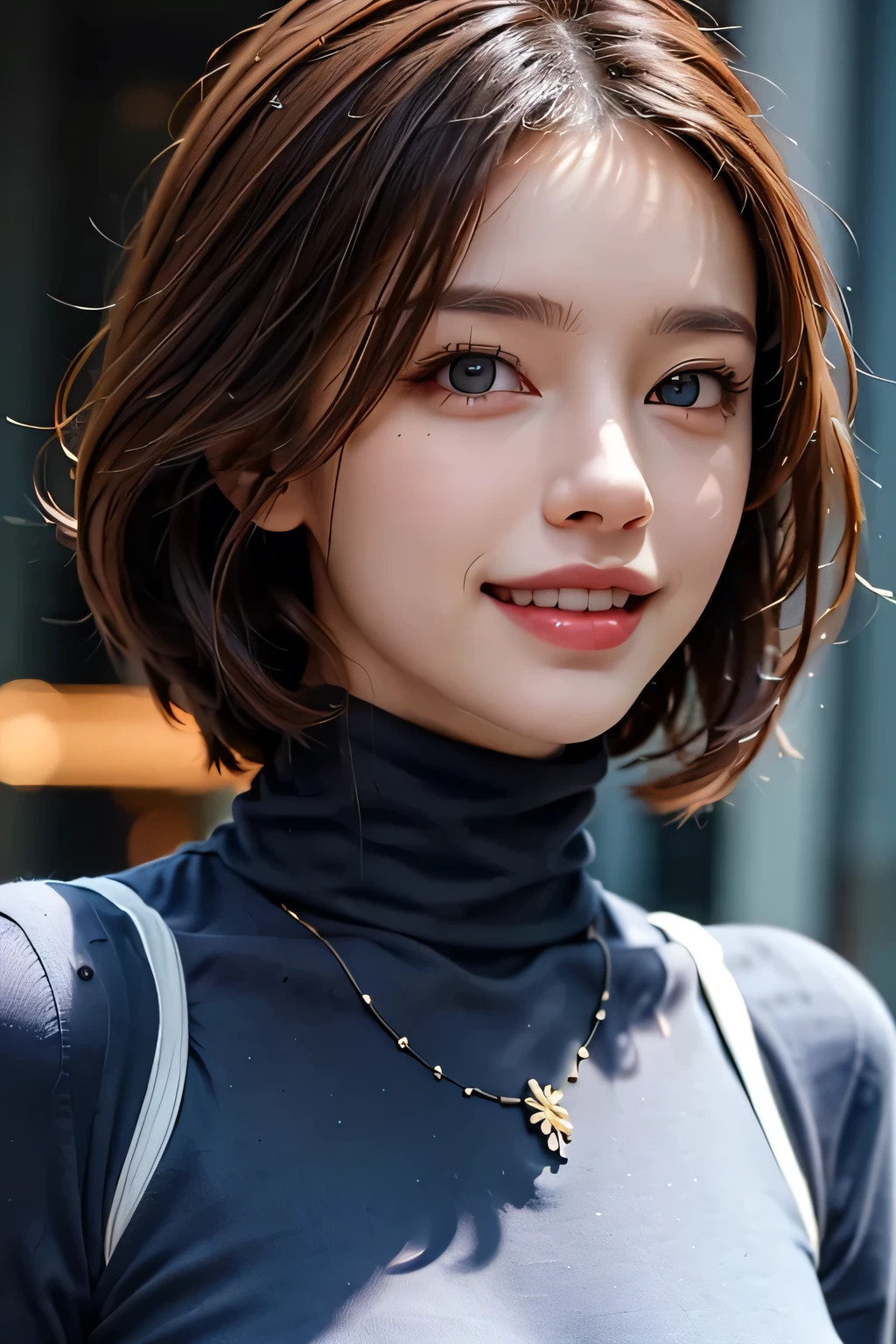 ((masterpiece)), ((Highest quality)), ((Complex)), ((Surreal)), (Realistic), (Mature Woman), ((There are no classes)), Very detailed, (1 female), Beautiful and exquisite, (Beautiful Teeth), Grin, Brunette bob hair, Brown eyes, ((Blue turtleneck)), (Upper Body), (background:none), Perfect Eyes, Captivating eyes, Looking at the audience