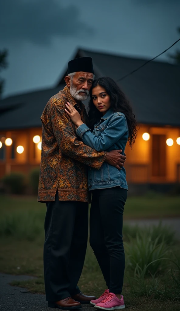 A 60 year old Indonesian man, wear a black Muslim cap, baju batik dan long pants, wearing leather shoes, sad face facing the camera while hugging beautiful Indonesian woman, fair skin, big nose, long wavy hair, wearing a denim jacket, long pants, wearing pink sneakers, sit down, sad face facing the camera, in front of the country house, night atmosphere with many lights, minimal defects, very detail, realistic, 8K picture