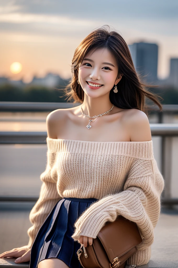 (Masterpiece:1.5、Highest quality:1.5,)、Beauty Painting、(Beautiful adult woman:Age 25:Beautiful Face:Beautiful Hair:Beautiful Eyes:Beautiful body:Beautiful breasts:Beautiful legs、Cute smile、Upward glance)、Skin-beautifying effect、(Realistic:1.5,RAW shooting,)、Beautiful illustrations、Best skin and hair texture、((Off-the-shoulder knit、1 handbag、Diamond Necklace、Pleated skirt、Knee-high))、Beautiful views、Stand on a large bridge、Beautiful night view、Realistic portraits,Overall image、Accurate Images、Accurate anatomy、Flawless images,