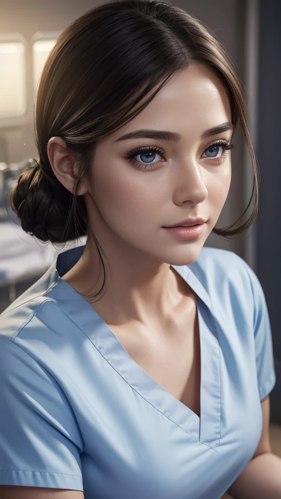 beautiful young nurse, female nurse, medical scrubs, hospital background, detailed face, beautiful detailed eyes, beautiful detailed lips, longeyelashes, caring expression, helping patients, detailed medical equipment, hospital interior, warm lighting, photorealistic, 8k, (best quality,4k,8k,highres,masterpiece:1.2),ultra-detailed,(realistic,photorealistic,photo-realistic:1.37)