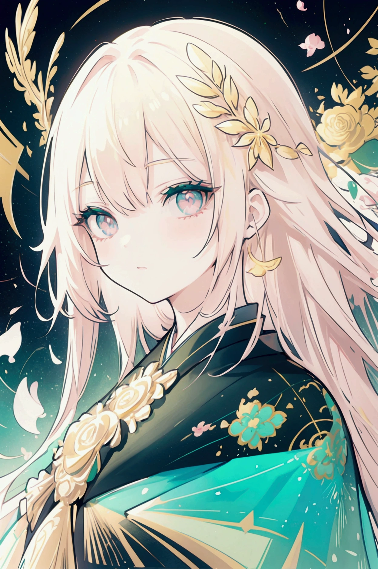 Arms behind back, masterpiece, best quality, dynamic, cinematic, mystical, beautuful japanese girl, beautiful detailed eyes, beautiful detailed lips, extremely detailed eyes and face, long eyelashes, teacherly pose, advanced modern expressionism, rich textures, amalgamation of modern and classical influences, diverse materials, high contrast, pink rose, vivid colors, gold liquid splatter, emerald green background, breathtaking color palette, flowing elegance, sharp geometric symbolism, Leyendecker, Jackson Pollock splatter dynamics, Gustav Klimt ornamental gold, chiaroscuro, kaleidoscopic, multidimensional, ethereal glow, captivating uniqueness, surreal juxtapositions, visual symphony, unforgettable visual narrative, edgy, mathematical, simple-shaped vectors, highly modern, stylistic, polygonal abstraction, vector art, bold lines, minimalist color scheme, digital art, abstract geometry