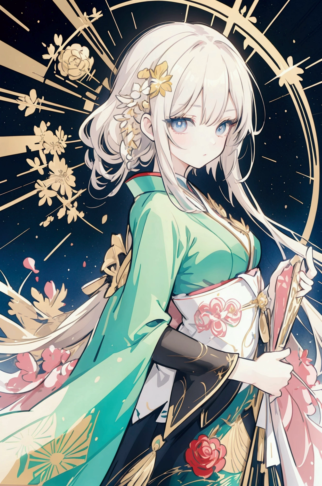Arms behind back, masterpiece, best quality, dynamic, cinematic, mystical, beautuful japanese girl, beautiful detailed eyes, beautiful detailed lips, extremely detailed eyes and face, long eyelashes, teacherly pose, advanced modern expressionism, rich textures, amalgamation of modern and classical influences, diverse materials, high contrast, pink rose, vivid colors, gold liquid splatter, emerald green background, breathtaking color palette, flowing elegance, sharp geometric symbolism, Leyendecker, Jackson Pollock splatter dynamics, Gustav Klimt ornamental gold, chiaroscuro, kaleidoscopic, multidimensional, ethereal glow, captivating uniqueness, surreal juxtapositions, visual symphony, unforgettable visual narrative, edgy, mathematical, simple-shaped vectors, highly modern, stylistic, polygonal abstraction, vector art, bold lines, minimalist color scheme, digital art, abstract geometry