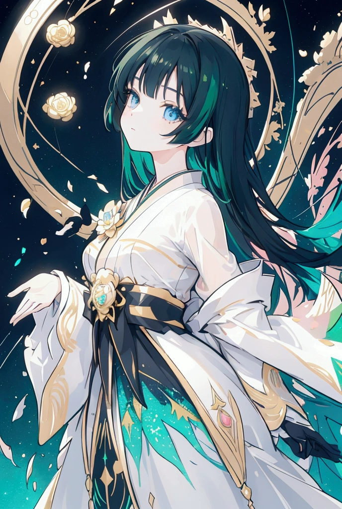 Arms behind back, masterpiece, best quality, dynamic, cinematic, mystical, beautuful japanese girl, beautiful detailed eyes, beautiful detailed lips, extremely detailed eyes and face, long eyelashes, teacherly pose, advanced modern expressionism, rich textures, amalgamation of modern and classical influences, diverse materials, high contrast, pink rose, vivid colors, gold liquid splatter, emerald green background, breathtaking color palette, flowing elegance, sharp geometric symbolism, Leyendecker, Jackson Pollock splatter dynamics, Gustav Klimt ornamental gold, chiaroscuro, kaleidoscopic, multidimensional, ethereal glow, captivating uniqueness, surreal juxtapositions, visual symphony, unforgettable visual narrative, edgy, mathematical, simple-shaped vectors, highly modern, stylistic, polygonal abstraction, vector art, bold lines, minimalist color scheme, digital art, abstract geometry