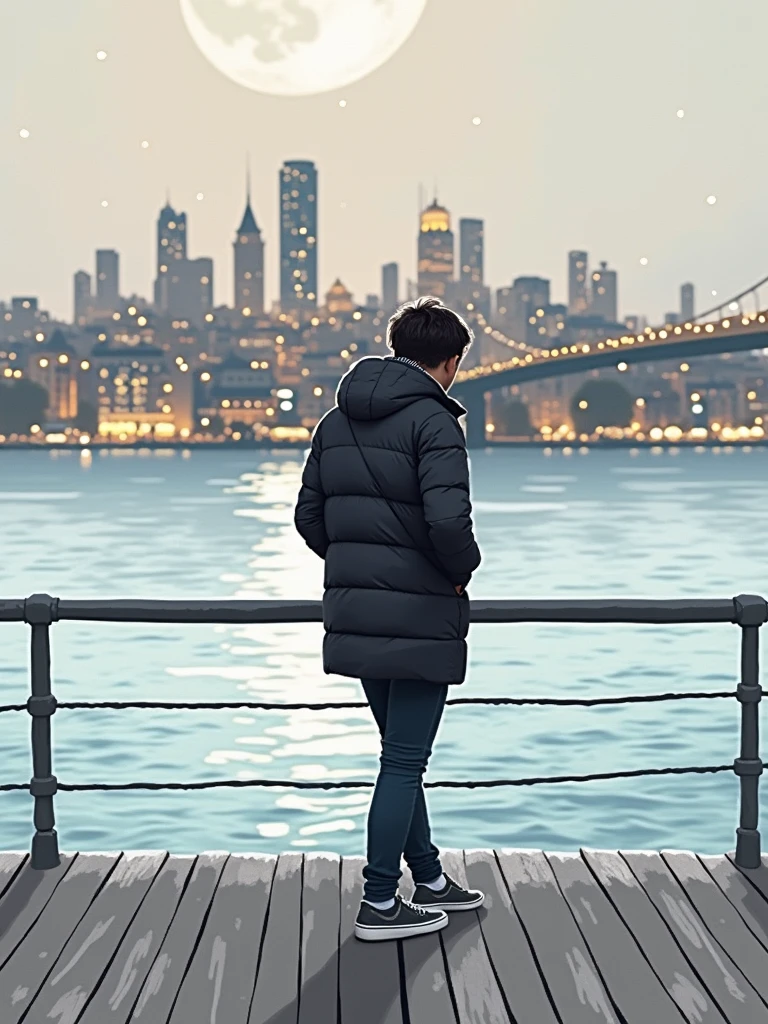 picture me in istanbul on the black sea coast at night with tall buildings in the background and stars in the sky