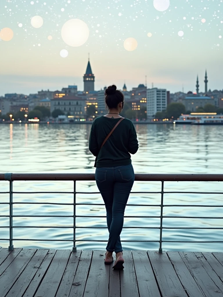 picture me in istanbul on the black sea coast at night with tall buildings in the background and stars in the sky