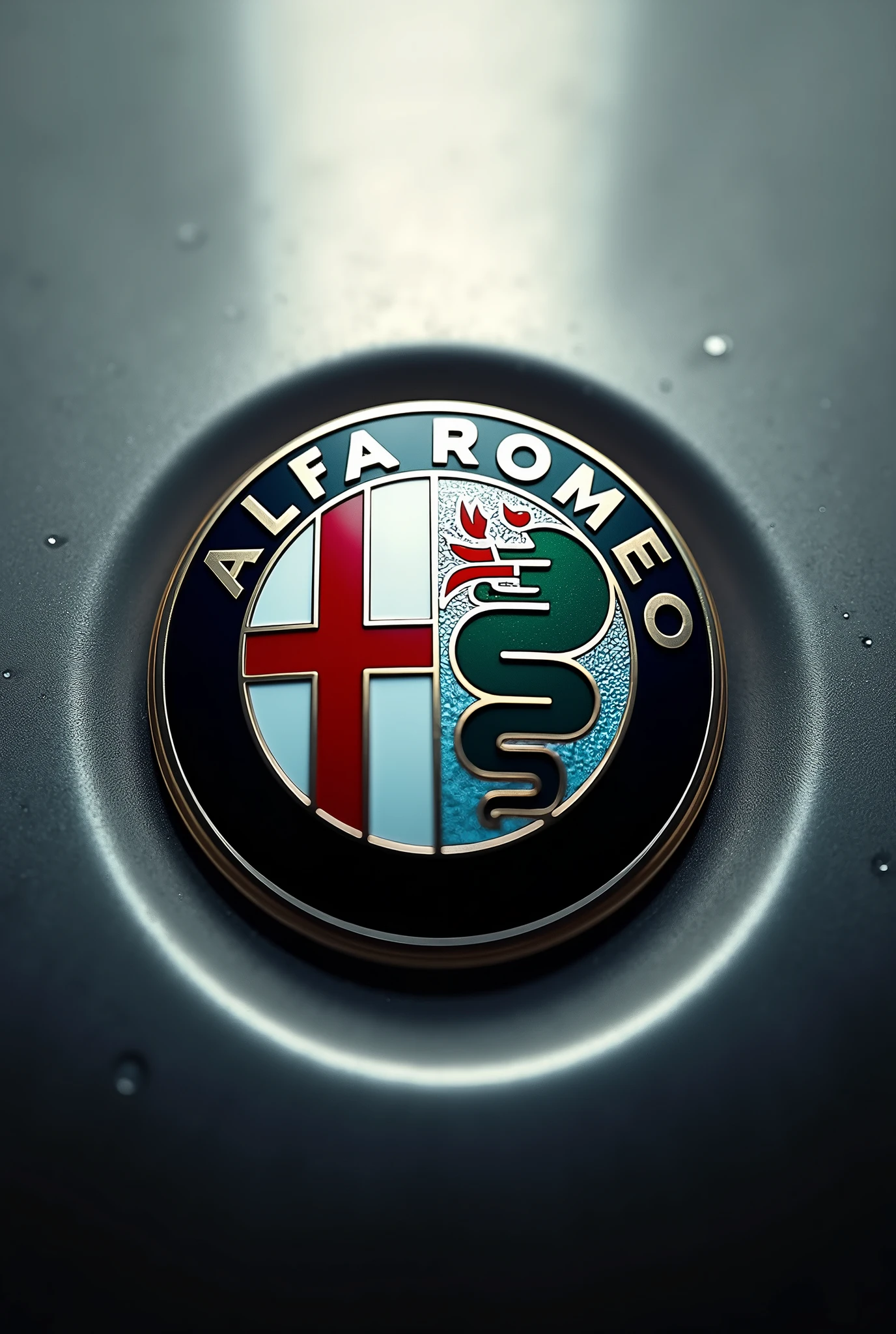 ((Alfa romeoのエムブレム, Visconti family coat of arms, Red Cross and Visione)), Emblem Plate, Metalの艶感, shine, Dull shade, coldness, Metal, text:Alfa romeo, text:Milan, (Round Emblem:1.4, Red background:1.2), Realistic, フォトRealistic:1.2, Highest quality:1.2, Very detailed, Natural light, Cinema Lighting, Fine art, Contemporary art.