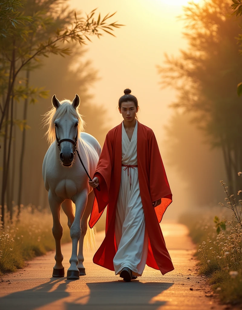 a personable gentleman，Aged between 20 and 2，Inspired by Chinese TV series《Lotus Tower》Li Lianhua in。The man has a handsome and soft face，Eyes full of affection and melancholy，Exudes a mature elegance and restraint。He is wearing a white gown，Soft fabric，Falling naturally，Paired with a bright red robe，The red robe complements the woman’s red dress.，appear dignified and elegant。His figure is slender and straight，Act calmly and confidently，Holding a pure white horse in hand，Horses are white and smooth，Complementing the men&#39;s white clothes。The man walks slowly towards the camera，Steady pace，His expression showed deep relief and a touch of helplessness.，As if accepting the fate，Finally choose to leave。He knew that the woman&#39;s deep affection was still waiting for that old man，No chance in this life，Only the next life will continue。

The background is set on a quiet mountain road，The afterglow of the setting sun dyes the entire scene with golden light and shadow。The light is real and warm，The mountains in the distance and the remaining clouds on the horizon look  and beautiful。The path is lined with low bamboo forests and scattered wild flowers.，blowing with the evening wind，The texture and real details of bamboo leaves and wildflowers are clearly visible。The entire screen presents unparalleled resolution，Details remain clear and realistic even when zoomed in，Make this image look great on the big screen or up close，All display stunning picture quality。

The background and atmosphere should reflect his quiet guardianship、A state of relief and a silent farewell。