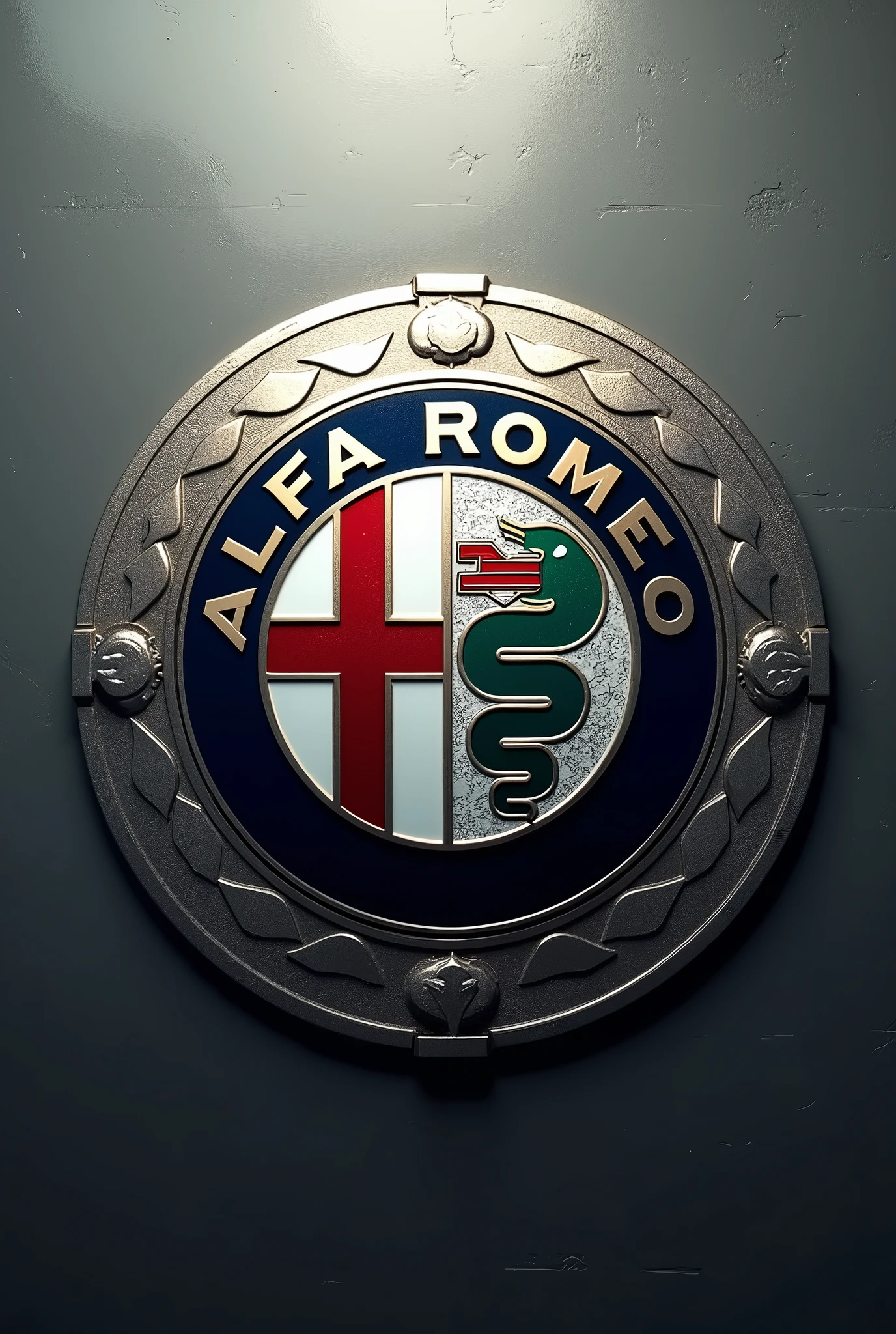 ((Alfa romeoのエムブレム, Visconti family coat of arms, Red Cross and Visione)), Emblem Plate, Metalの艶感, shine, Dull shade, coldness, Metal, text:Alfa romeo, text:Milan, (Round Emblem:1.4, Red background:1.2), Realistic, フォトRealistic:1.2, Highest quality:1.2, Very detailed, Natural light, Cinema Lighting, Fine art, Contemporary art.