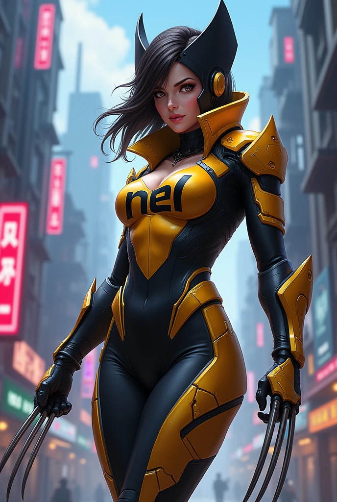 Create a images of Natalia in mobile legends bang bang 
Weapon: wolverine claws X in right hand
Outfit: gold and black cybord body with print  "NEL"
Background:make a realistic it's up to you