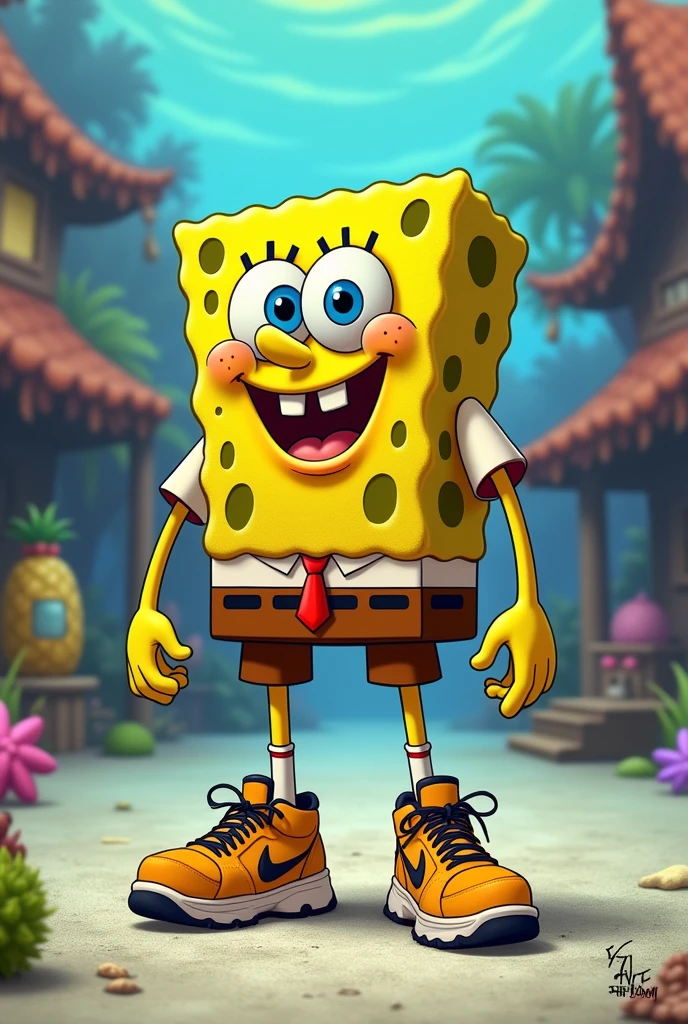 SpongeBob squarepants but drip shirt and Nike shoes