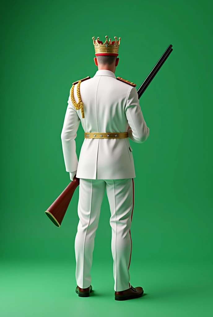 Rear full viewed, Military governor general standing with handed long shot gun, Male, King's crown on head , white uniform, plain green screen background