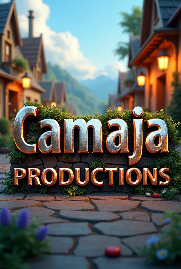 CAMAJA PRODUCTIONS IN CHROME LETTERS, with an image of a town, background