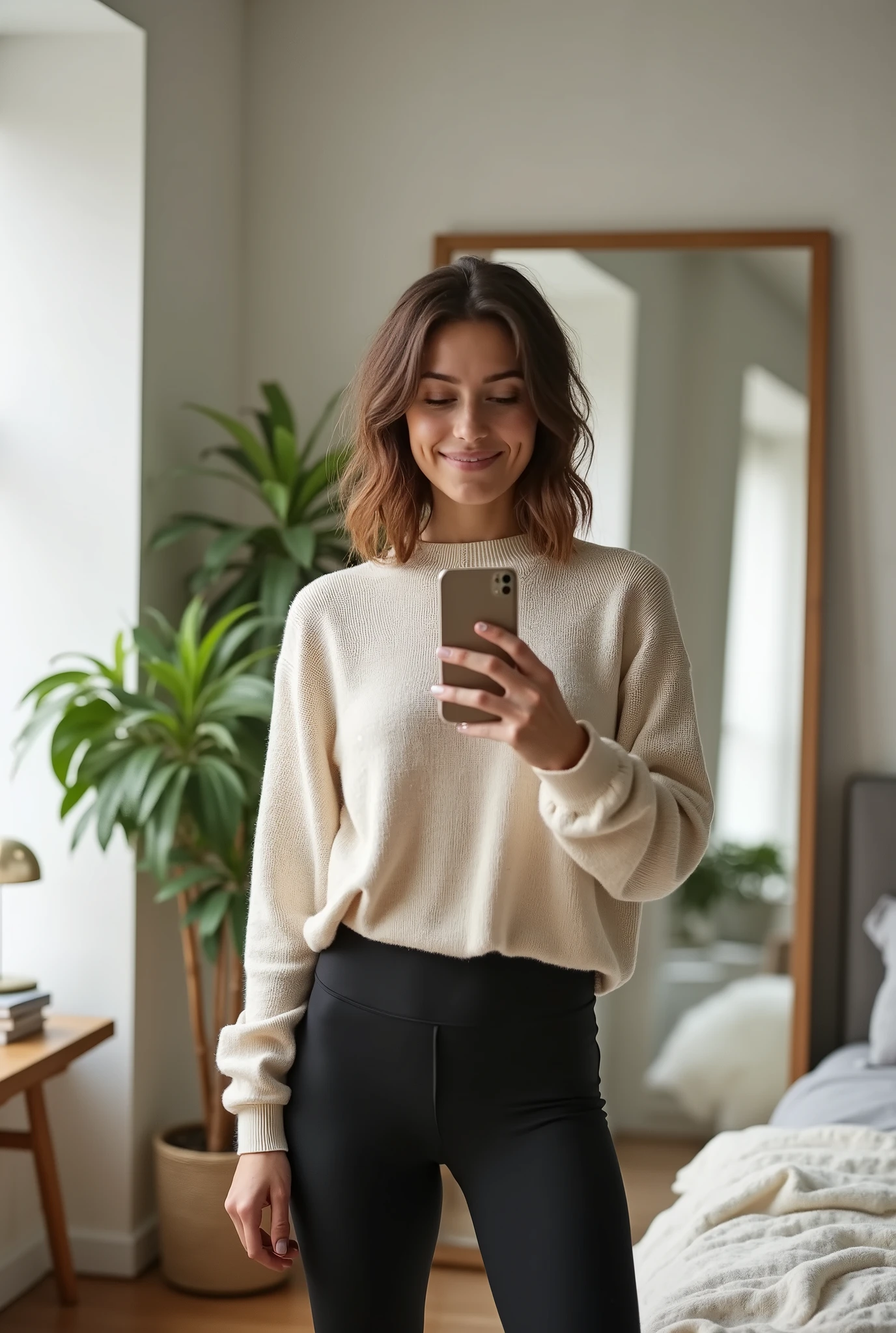 A young Caucasian woman in her twenties with slightly wavy, shoulder-length brown hair is standing in her modern bedroom. She wears a loose, comfortable cream-colored sweater and fitted black yoga pants, which show off her figure. Her hair falls naturally around her face, framing her delicate features. She holds her smartphone with one hand in front of her mirror, capturing a photo of herself. His expression is relaxed and slightly smiling, showing a feeling of comfort and relaxation. The room is modern with neutral colors, minimalist furniture, and a potted green plant in the corner. There is a large framed mirror against the wall behind her, reflecting part of the room. Natural light enters through a large window to its left, creating a bright and warm atmosphere. Details like stacked books, a soft rug, and a designer lamp add a personal touch to the scene.