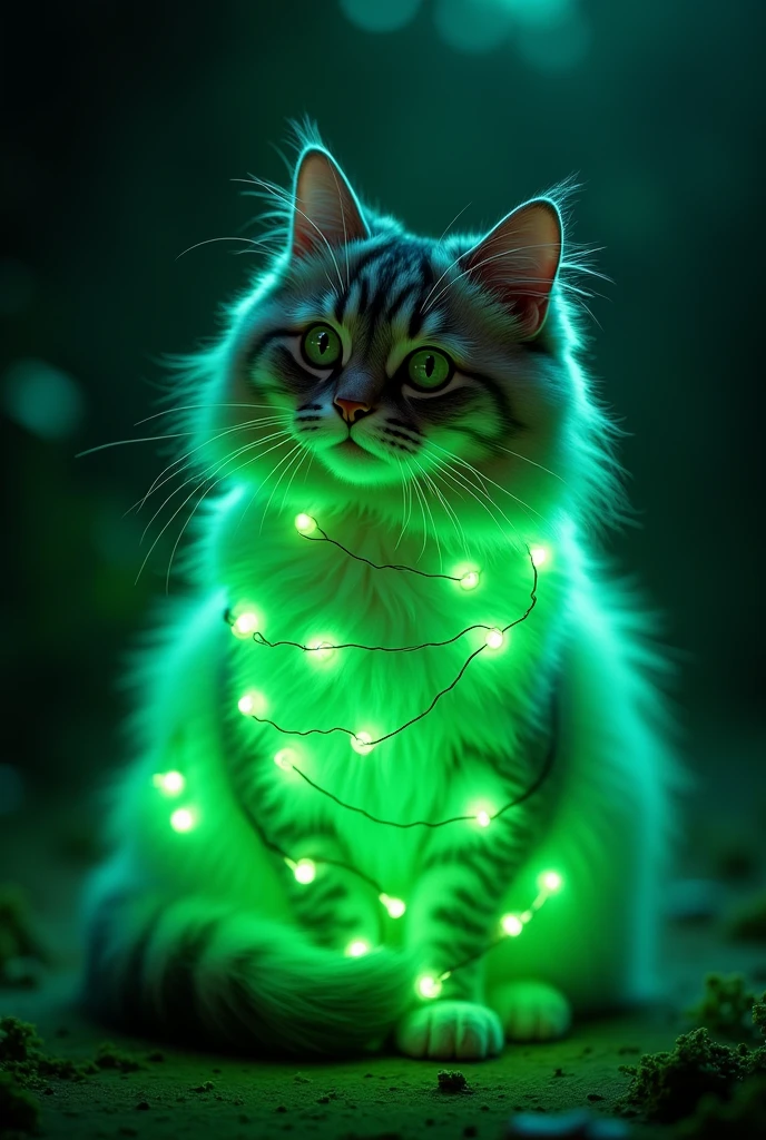 cat with green light strings on body hugging normal cat