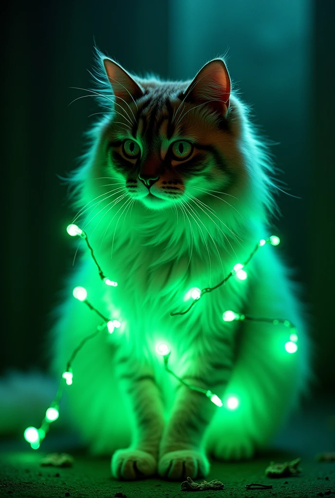 cat with green light strings on body hugging normal cat