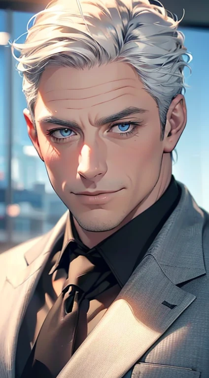 (best quality,4k,8k,highres,masterpiece:1.2),ultra-detailed,(realistic,photorealistic,photo-realistic:1.37),1 man,3,mature man,very handsome,without expression,smile,short grey white hair,blue eyes,penetrating gaze,perfect face without errors,imposing posture,businessman,office background,cinematic lighting,hdr image