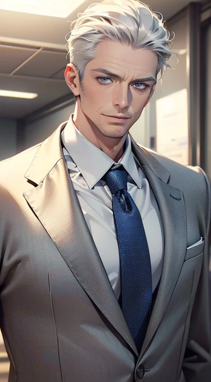 (best quality,4k,8k,highres,masterpiece:1.2),ultra-detailed,(realistic,photorealistic,photo-realistic:1.37),1 man,3,mature man,very handsome,without expression,smile,short grey white hair,blue eyes,penetrating gaze,perfect face without errors,imposing posture,businessman,office background,cinematic lighting,hdr image