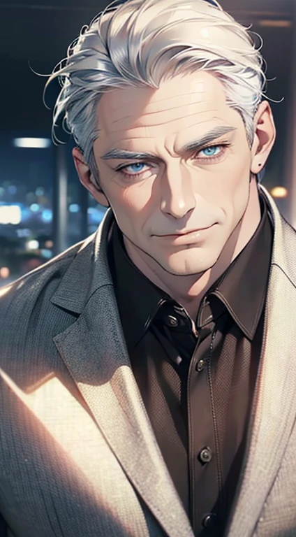 (best quality,4k,8k,highres,masterpiece:1.2),ultra-detailed,(realistic,photorealistic,photo-realistic:1.37),1 man,3,mature man,very handsome,without expression,smile,short grey white hair,blue eyes,penetrating gaze,perfect face without errors,imposing posture,businessman,office background,cinematic lighting,hdr image
