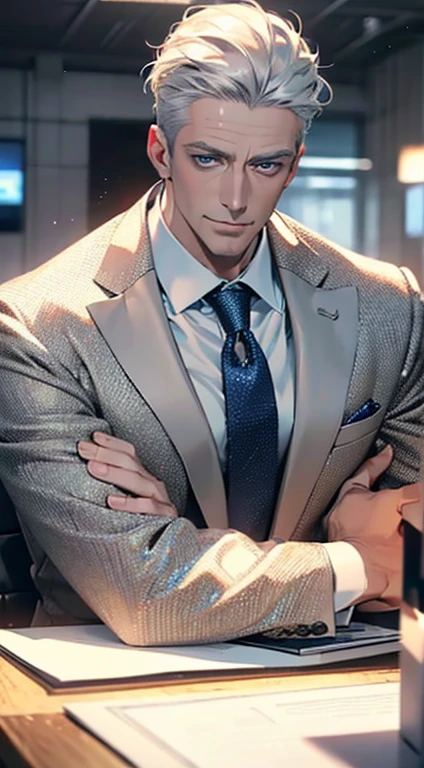 (best quality,4k,8k,highres,masterpiece:1.2),ultra-detailed,(realistic,photorealistic,photo-realistic:1.37),1 man,3,mature man,very handsome,without expression,smile,short grey white hair,blue eyes,penetrating gaze,perfect face without errors,imposing posture,businessman,office background,cinematic lighting,hdr image