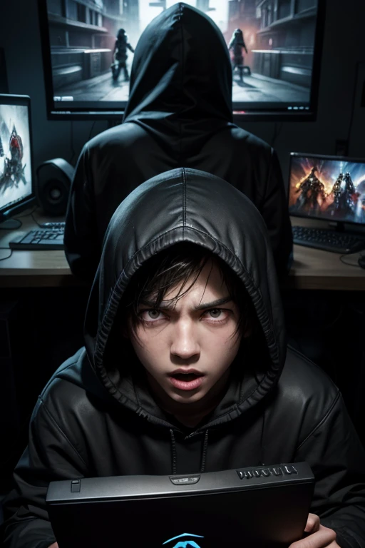 a hooded boy in front of the gamer computer being scared by a horrifying monster, art cartoon, anime graphic, dark place