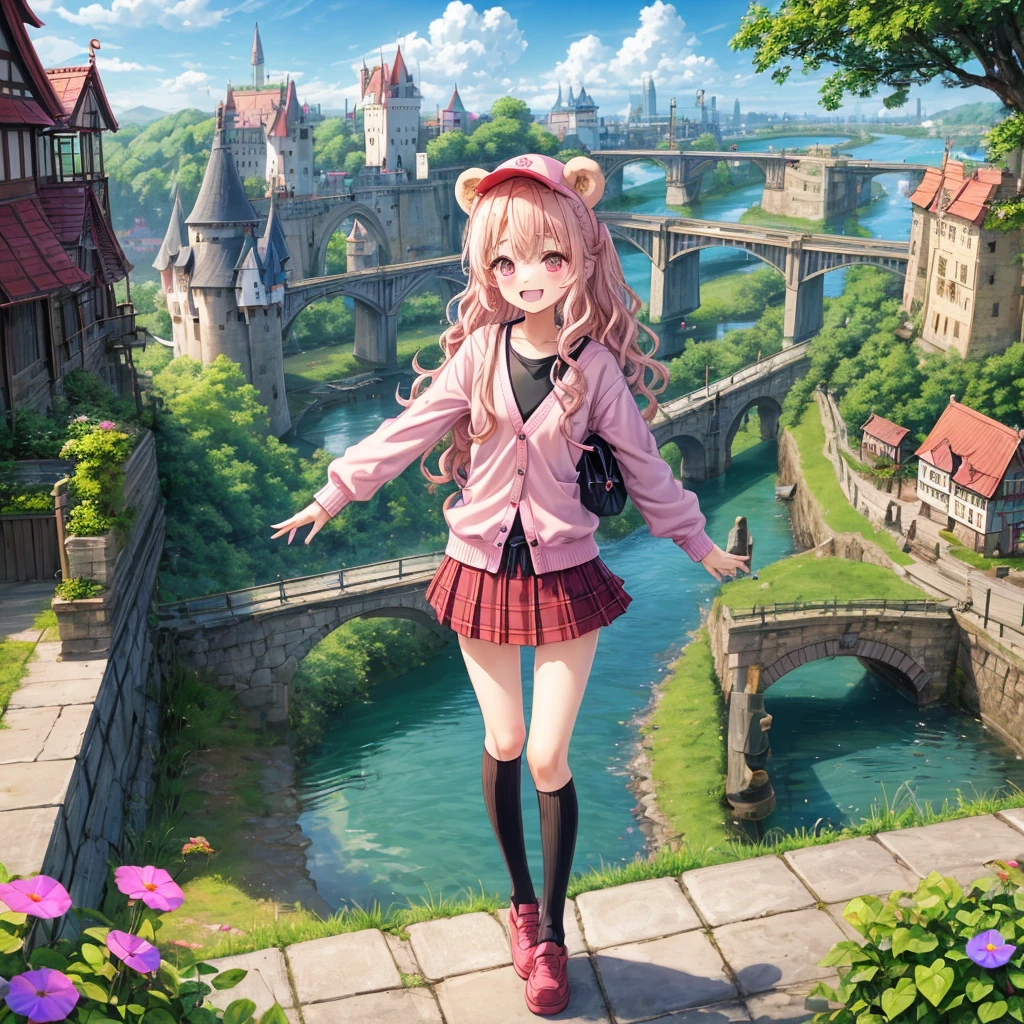 Pink Blonde、Red eyes、Wavy Hair、Hair tied up、Two cute、Checked mini skirt、black t-shirts、cardigan、Knee-high socks、bear ears baseball cap、Teeth are visible、Monster Castle、Tilting face、crossing the bridge、hazakura、windmill、grass、Stones are growing out of the ground.、A teddy bear is walking、Morning glory is blooming.、In front of the city gates、clock、Underground tunnels、Waterway、Small boat、Cider