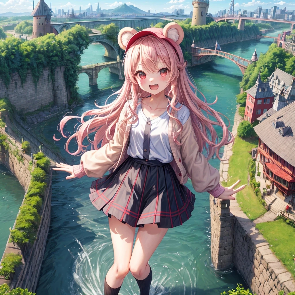 Pink Blonde、Red eyes、Wavy Hair、Hair tied up、Two cute、Checked mini skirt、black t-shirts、cardigan、Knee-high socks、bear ears baseball cap、Teeth are visible、Monster Castle、Tilting face、crossing the bridge、hazakura、windmill、grass、Stones are growing out of the ground.、A teddy bear is walking、Morning glory is blooming.、In front of the city gates、clock、Underground tunnels、Waterway、Small boat、Cider