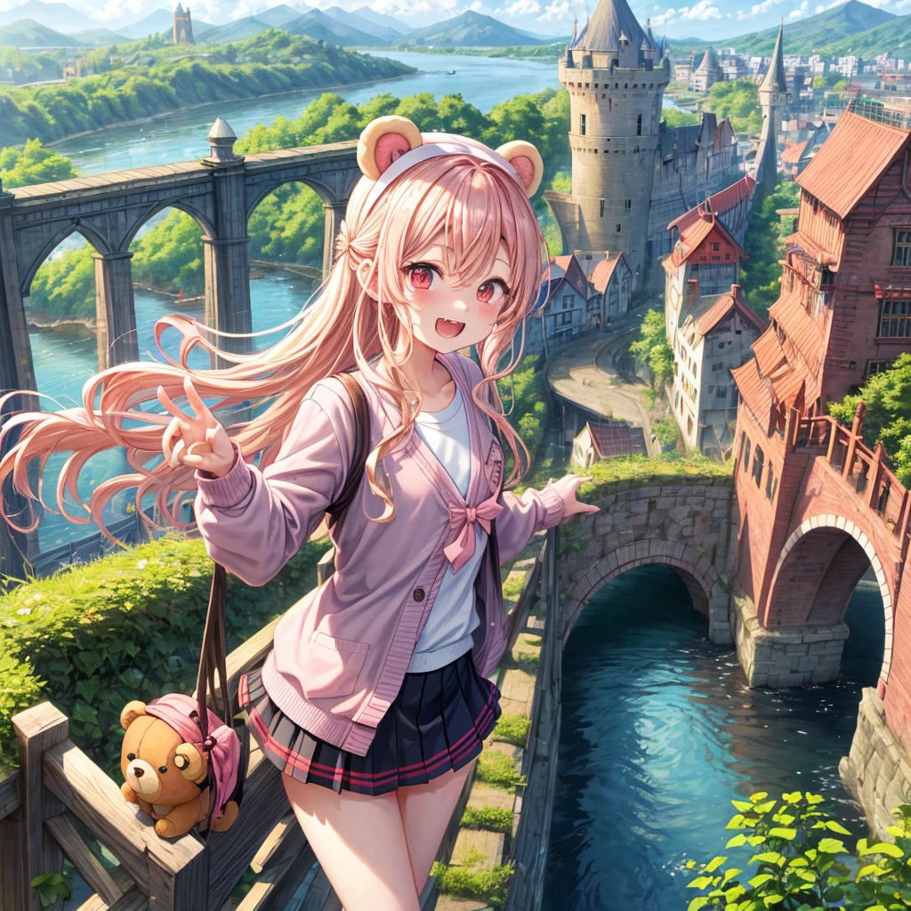 Pink Blonde、Red eyes、Wavy Hair、Hair tied up、Two cute、Checked mini skirt、black t-shirts、cardigan、Knee-high socks、bear ears baseball cap、Teeth are visible、Monster Castle、Tilting face、crossing the bridge、hazakura、windmill、grass、Stones are growing out of the ground.、A teddy bear is walking、Morning glory is blooming.、In front of the city gates、clock、Underground tunnels、Waterway、Small boat、Cider