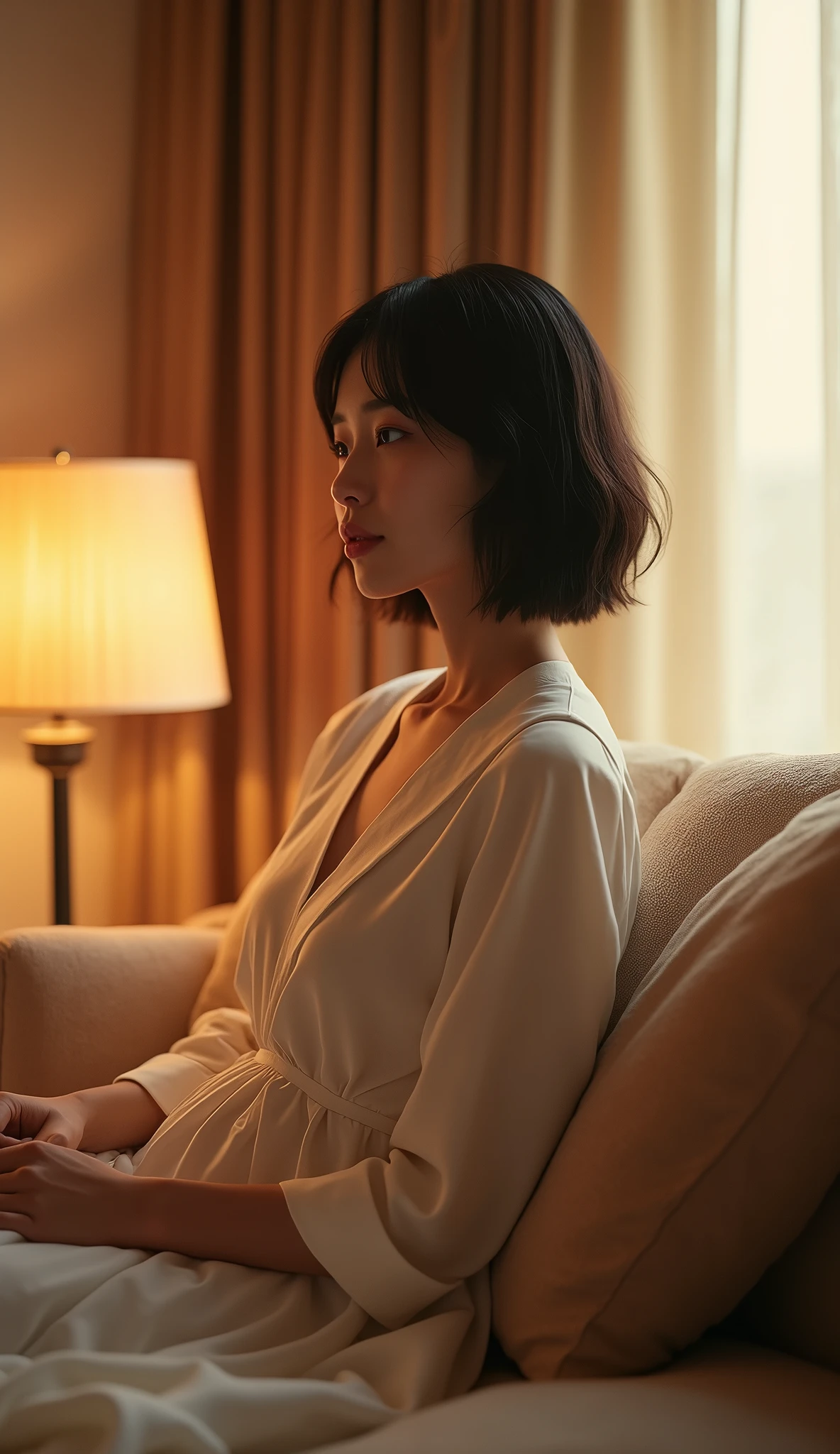 (Best quality, Japanese woman, 4, short black hair, (relaxed pose), luxury city hotel room, (cozy lighting))