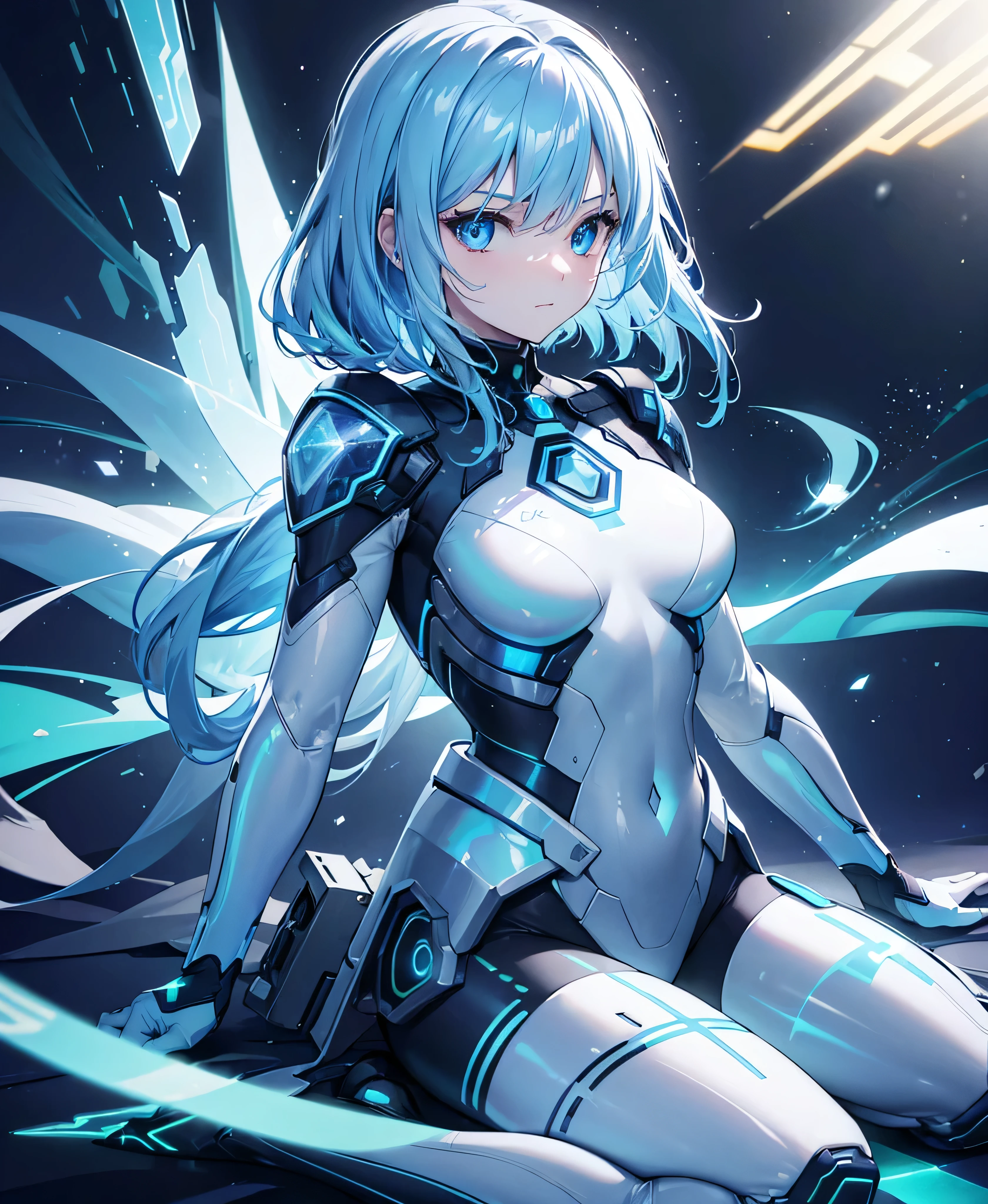 ((Holographic glow effect)),8k, Highest quality, (real:1.4), Original photo, 1 person, Asari Hair, Biological Amplifier, refined armor, posture: Peace talks between warring factions, smart blue eyes,whole body