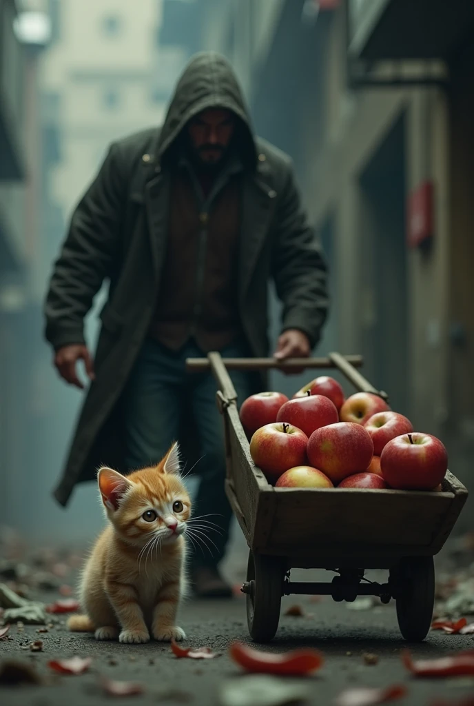 Photo of kitten crying when seeing thug pushing cart full of apples