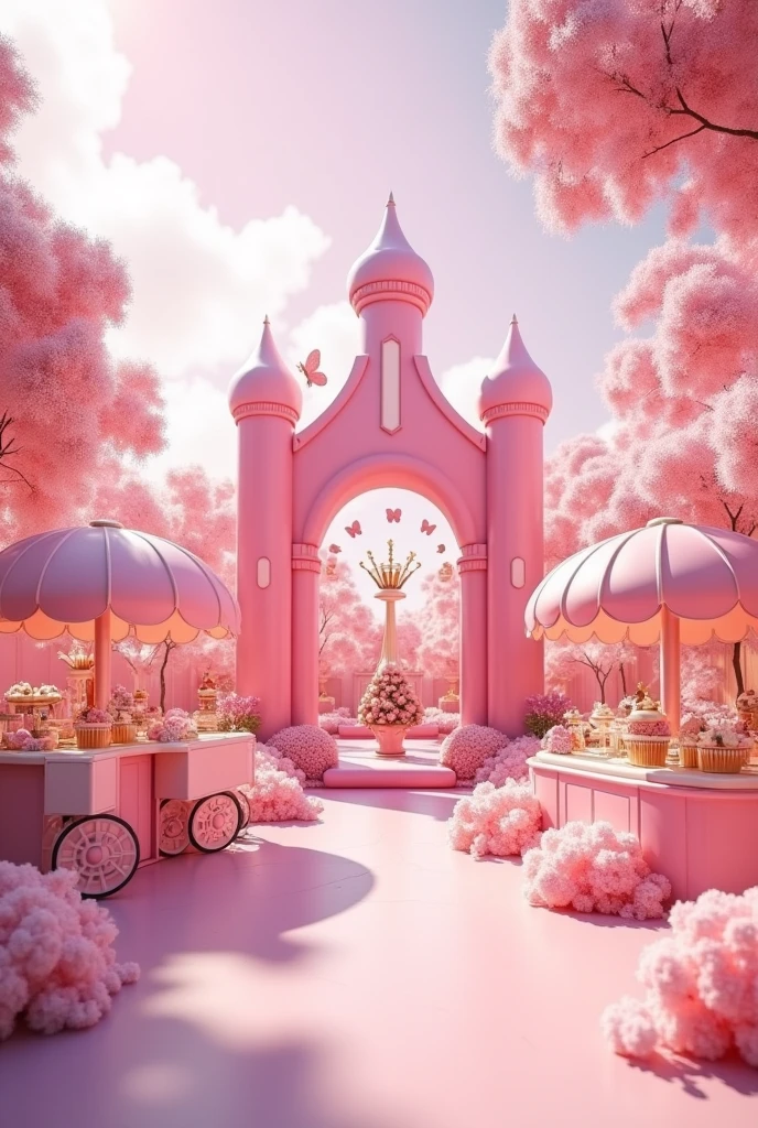 Party with butterfly theme and pink and white colors: The party entertainment area is lively and full of options for children. There is a popcorn cart decorated in pink and white, where kids can get fresh popcorn. from beside, a cotton candy cart, also in pink and white, distributes sweet clouds to the guests. A big bouncy castle, colorful and safe, is available for children&#39;s enjoyment, offering moments of great joy and fun. Furthermore, there is an area with various games and toys, all with decoration in harmony with the pink and white colors of the party, creating a happy and welcoming environment for everyone.
