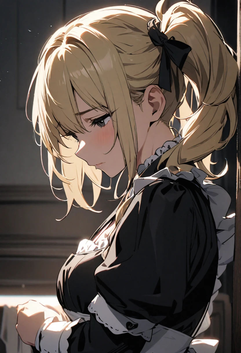 Solo, 1girl, medium hair, blond hair, black eyes, mature, side ponytail, maid, beautiful color, innocent, side view, half eyes