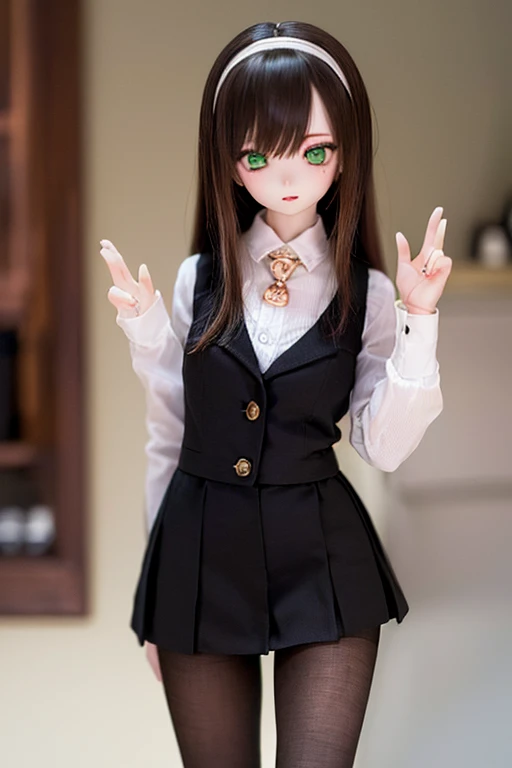 (SFW:2), photorealistic, realistic photo, 8k, ((highest quality)), ((masterpiece)), (extremely detailed), kukolnydom, doll, (mature woman, 21yo, 2, solo, room:1.6), ((cowboy shot, acrobatic pose, slim, slender, skinny, medium breasts, hairband, vest, ascot, dress shirt, long puff sleeves, pleated skirt, black pantyhose)), (green eyes, brown hair, long hair, plastic skin, looking at another, glass eyes, gradient eyes, shining eyes, detailed eyes:1.3)