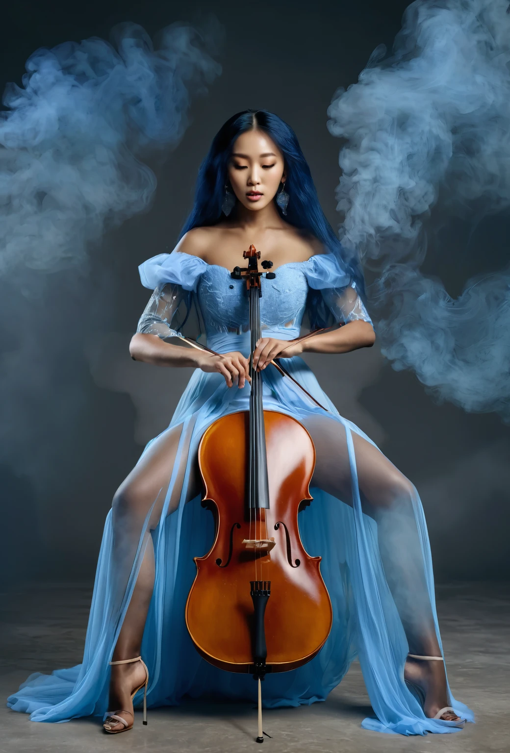 a cellist's hands, holding a bow. she is wearing a pale blue partly opaque dress
