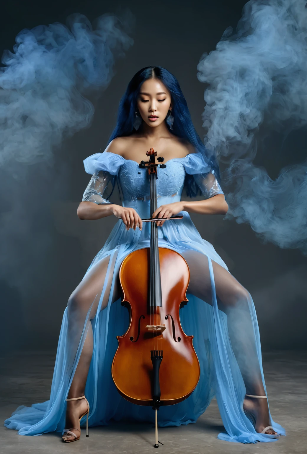a woman, sitting, playing a cello, cello between her legs, holding a bow. blue dress, dress is partly opaque. mixed race Korean-Nigerian woman, dyed blue hair, fantasy scene, smoke, mist. portrait shot, woman is playing the cello. deep in thought, calm, serene. high quality fantasy stock photo