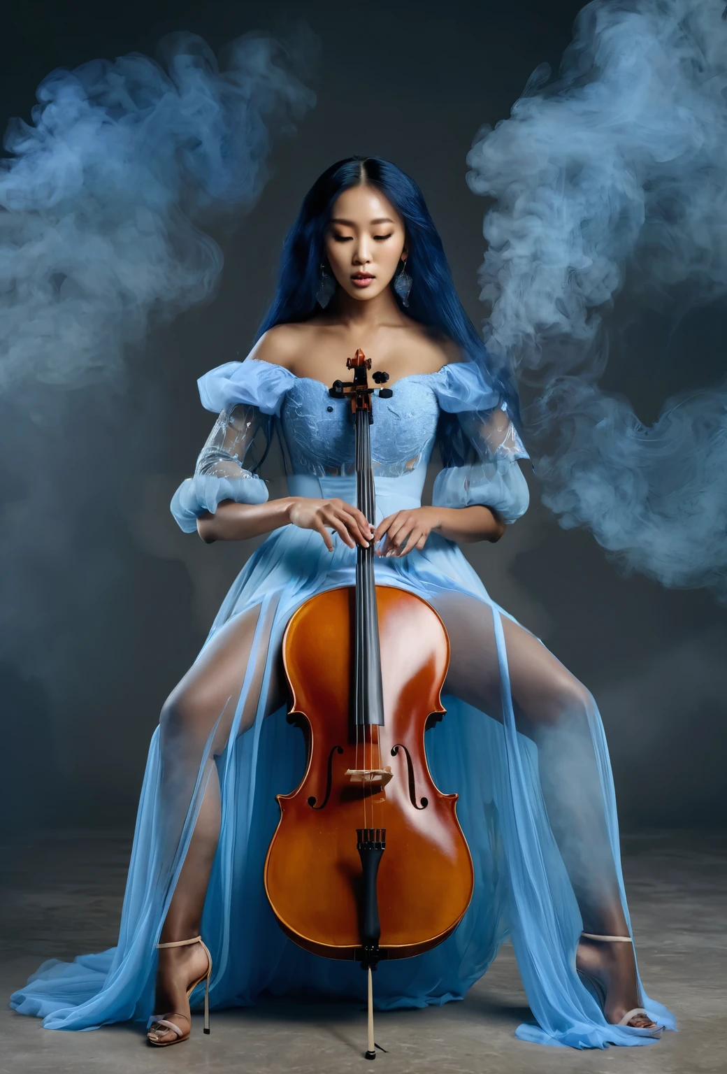 a cellist's hands, holding a bow. she is wearing a pale blue partly opaque dress