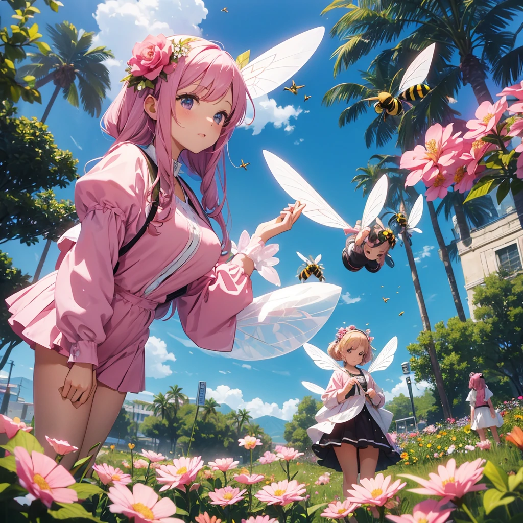 Big pink flowers with bee-like girls flying next to the flowers
