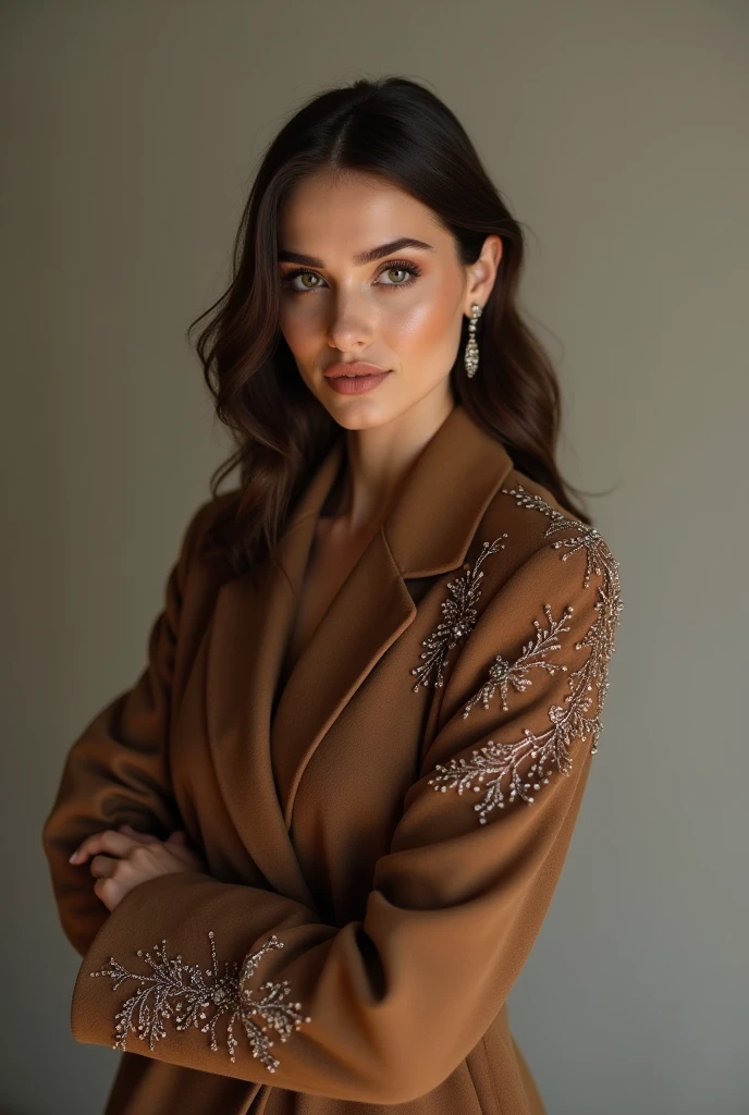 European woman model wearing brown coat with rhinestones