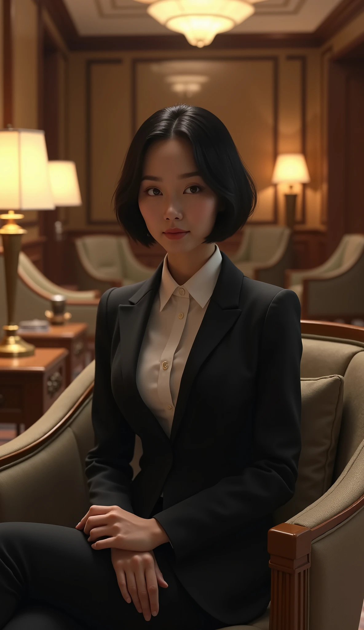 (Best quality, Japanese woman, 4, short black hair, (wearing a formal suit), sitting in a luxury hotel lobby, evening lighting)
