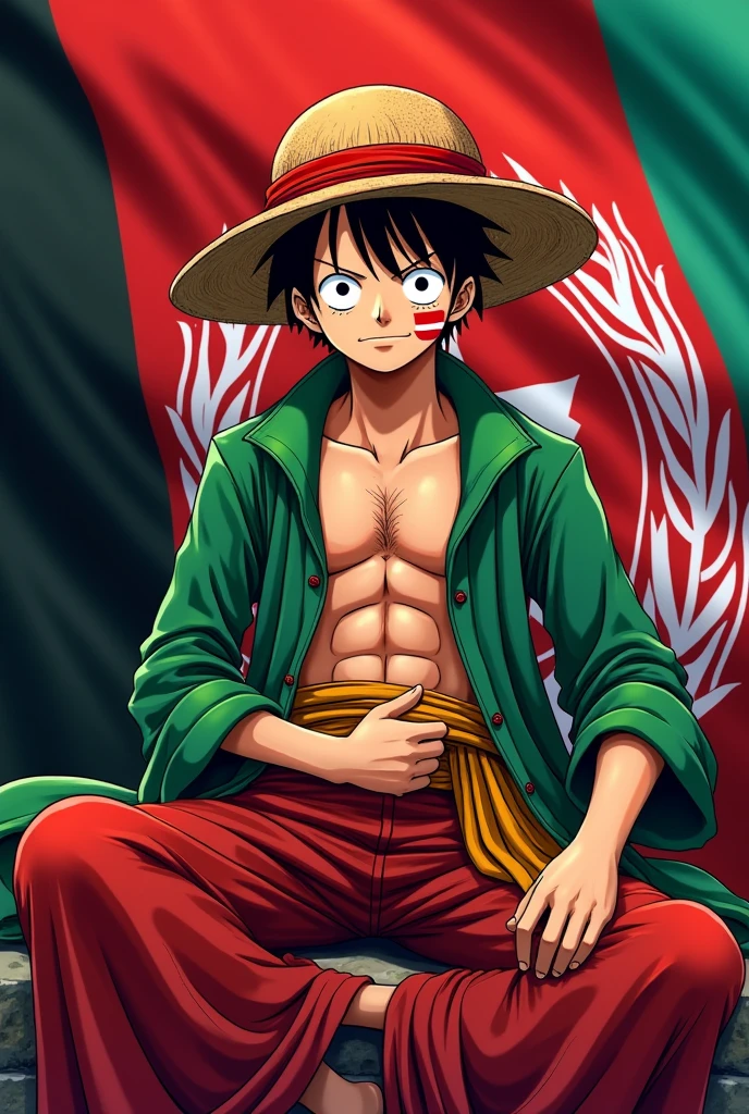 **“Luffy from *One Piece* sitting in kameez shalwar and an Afghan hat, with the Afghan flag drawn on his cheek. The background should be covered with the Afghan flag.”**