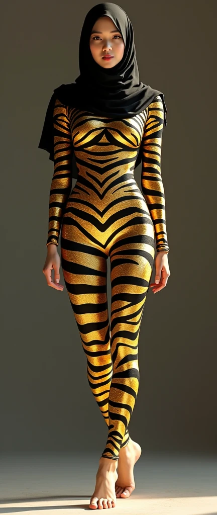 The beautiful,thin and prettiest asian muslimah adult girl with beautiful cheeks wears golden zebra print lycra footed turtleneck unitard catsuit covered with stripes and golden zebra lycra elastane stretchy dancewear rectangular hijab covered with stripes.