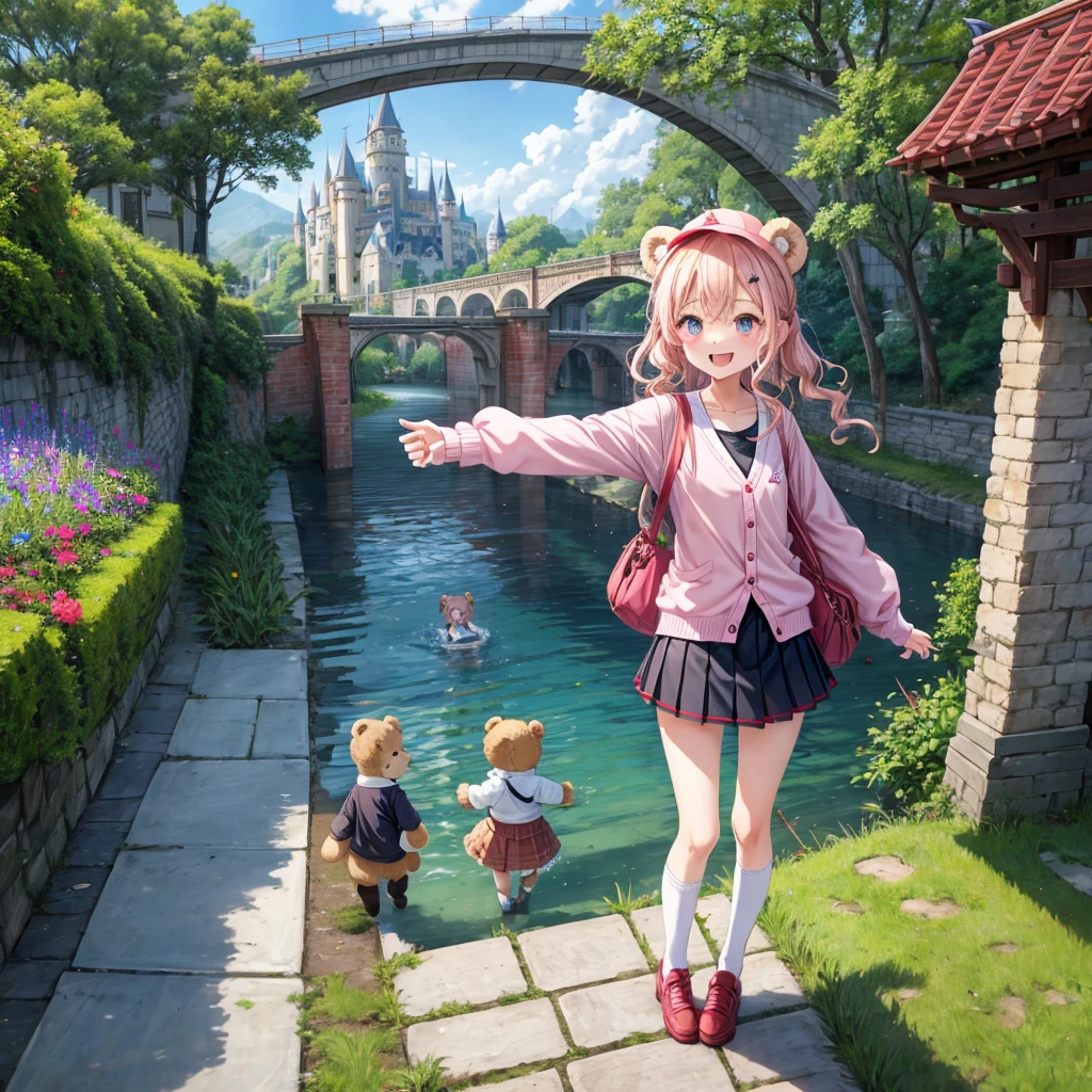Pink Blonde、Red eyes、Wavy Hair、Hair tied up、Two cute、Checked mini skirt、black t-shirts、cardigan、Knee-high socks、bear ears baseball cap、Teeth are visible、Monster Castle、Tilting face、crossing the bridge、hazakura、windmill、grass、Stones are growing out of the ground.、A teddy bear is walking、Morning glory is blooming.、In front of the city gates、clock、Underground tunnels、Waterway、Small boat、Have a cider