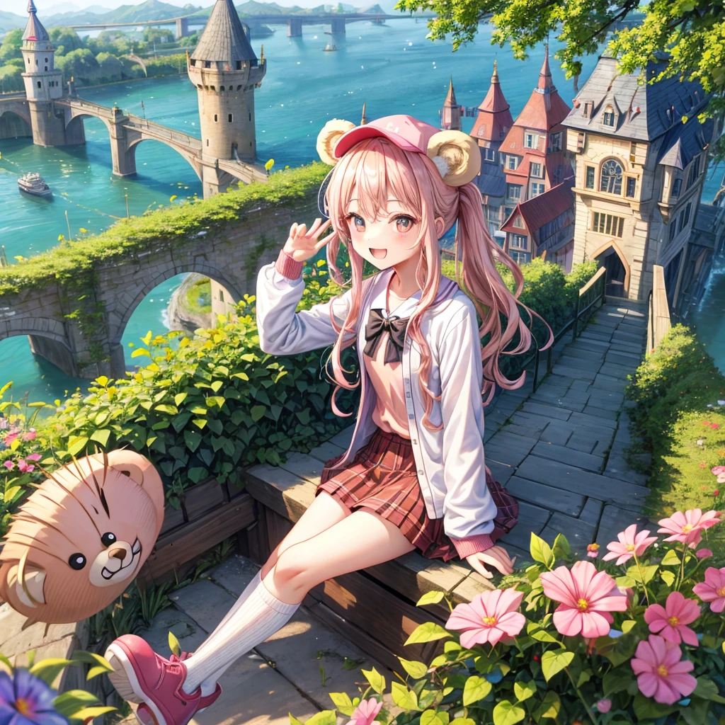 Pink Blonde、Red eyes、Wavy Hair、Hair tied up、Two cute、Checked mini skirt、black t-shirts、cardigan、Knee-high socks、bear ears baseball cap、Teeth are visible、Monster Castle、Tilting face、crossing the bridge、hazakura、windmill、grass、Stones are growing out of the ground.、A teddy bear is walking、Morning glory is blooming.、In front of the city gates、clock、Underground tunnels、Waterway、Small boat、Have a cider