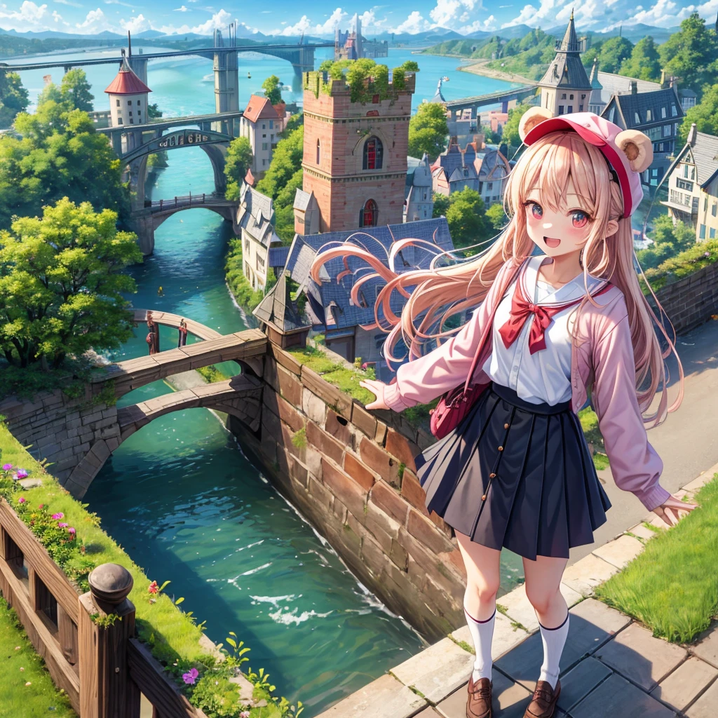 Pink Blonde、Red eyes、Wavy Hair、Hair tied up、Two cute、Checked mini skirt、black t-shirts、cardigan、Knee-high socks、bear ears baseball cap、Teeth are visible、Monster Castle、Tilting face、crossing the bridge、hazakura、windmill、grass、Stones are growing out of the ground.、A teddy bear is walking、Morning glory is blooming.、In front of the city gates、clock、Underground tunnels、Waterway、Small boat、Have a cider