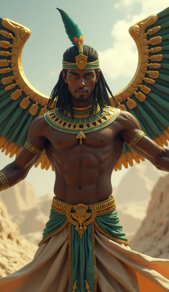 Create an image of Shu, the god of air, with a male figure, dark brown skin, and striking green eyes. He is depicted with traditional Egyptian attire, including a headdress with a feather motif. His hair is styled in a short, neat fashion. Shu should appear powerful and dynamic as he separates the sky from the earth. Incorporate Egyptian aesthetic elements like gold jewelry and ancient symbols. Use masterpiece, best quality, CG, wallpaper, HDR, high quality, ultra detailed face, cinematic, high detail, 8k, raw, high, artstation HQ, unreal engine, octane renderer, 4k resolution, hyperrealistic, highly detailed, and absurdres settings