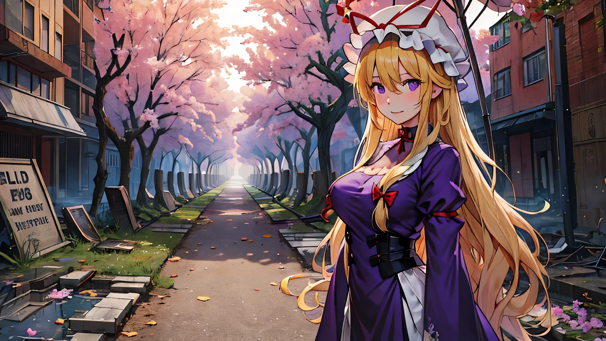  {yakumo_yukari_Touhou:1.15},Long shot of a girl standing in the ruins,Full body portrait,(((City Ruins))),(((Ruined Background))),Modern City,A city swallowed by the forest,Paved roads,Cracked roads,Decayed road sign,blue sky,parasol,((masterpiece, Highest quality, Extremely detailed CG, unity 8k wallpaper )),(masterpiece, Highest quality, Highest quality, Official Art, beautiful,aesthetic:1.2),Purple Dress,Long skirt,ribbon, hat, mob cap, hat ribbon, white headwear, bangs, breasts, hair between eyes, hair bow, large breasts, very long hair,(((Blonde))),Very colorful,Very vivid,High-precision images,Ultra-high resolution,unrealistic,beautiful顔,Perfect Face,Fantastic Art,High resolution face,Detailed face