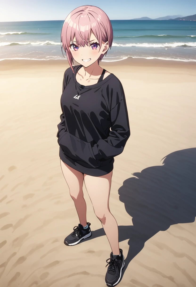 (Highest quality, 4K, 8k, High resolution, masterpiece:1.2), Very detailed, Picturesque, Animated Photography, Photo Animation:1.37)、A Japanese schoolgirl、(Pink Hair)、(Pixie Cut)、(Black underwear)、bikini、(bikini color:random)、black cheokr、 on beach、grin,white teeth、arms behind head、Full body photography、Nakano ichika