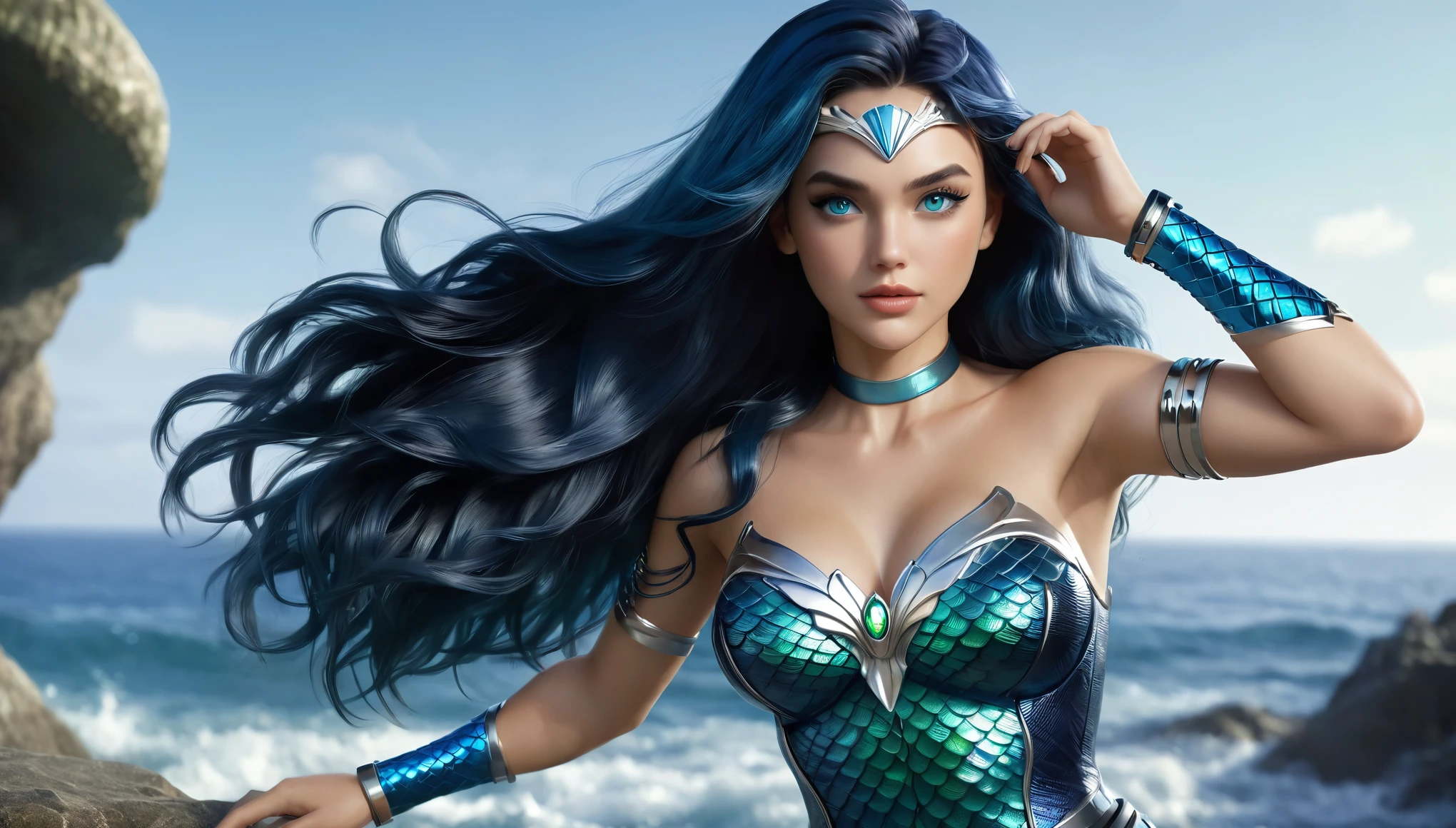 ( Masterpiece, 4k resolution, ultra-realistic, very detailed) A beautiful sexy female superhero who is a demigoddess , blue/green eyes and navy blue hair. , , She wears a blue outfit with a fish scale like texture sleeveless , she has bracelets that are silver, and has black boots with a glowing blue tint. a silver belt with a sea shell in the center, (Oceania) ( (pulling her hair back)) 