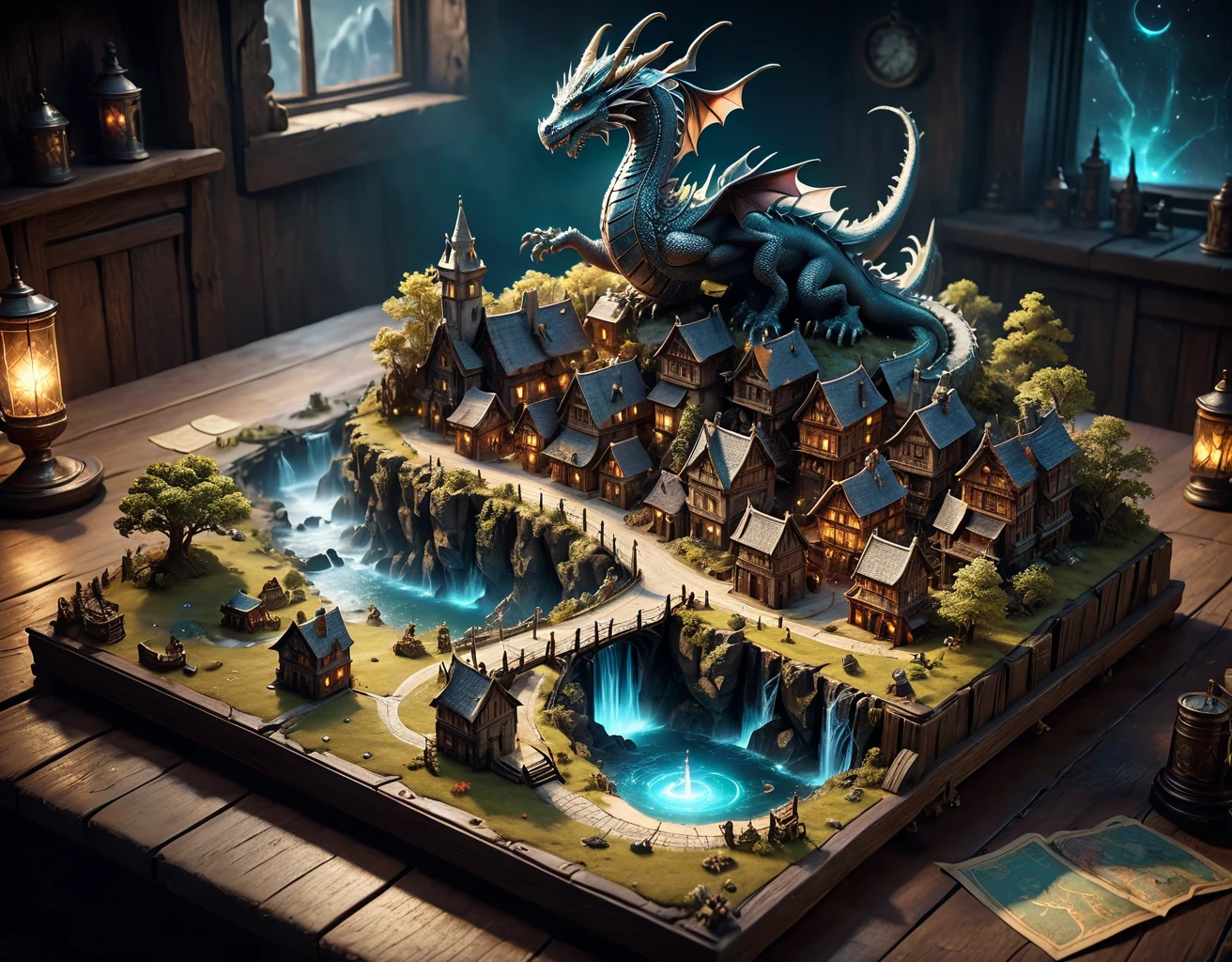 magical map of a miniature fantasy town, 3d, holographic, worn at the edges, the town appears to be floating above the map, magical lay lines connecting locations, the map is lying spread on a sorcerer's ancient wooden table, the maps is made with colorful multi-hued magic ink, high quality, incredibly high detail, imagination, 8k, fantasy art, vivid colors, s Knight，Mage，Flying Dragon，Trolls，tyle-paintmagic, Clutter-Home, Clutter-Mechanical, crystal clear,, very detailed, atmospheric haze, Film grain, cinematic film still, shallow depth of field, highly detailed, high budget, cinemascope, moody, epic, gorgeous, 2000s vintage RAW photo, photorealistic, Candid camera, color graded cinematic, eye catchlights, atmospheric lighting, skin pores, imperfections, naturals, shallow dof intricate, elegant, fantasy art, portrait, dark, retro, ecstatic, plain, powerful, realistic,, (masterpiece:1.3),(best quality:1.3),8k, highestres, absurdres, perfect composition, realistic proportions, ultra sharp, perfect shadows, highly detailed, epic, photorealistic, atmospheric lighting, naturals, shallow dof intricate, high realism